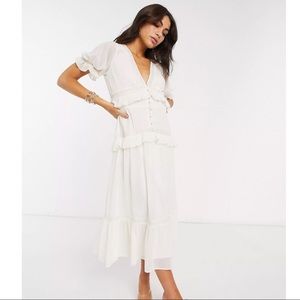 ASOS DESIGN button through lace insert tiered midi dress in ivory